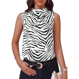 imageCicy Bell Womens Mock Neck Satin Tank Tops Business Casual Work Ruched Blouses Summer Corporate OutfitsZebra