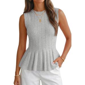 imageCicy Bell Womens Pleated Peplum Tank Tops Fitted Ribbed Knit Crew Neck Blouses Summer Sweater VestGrey