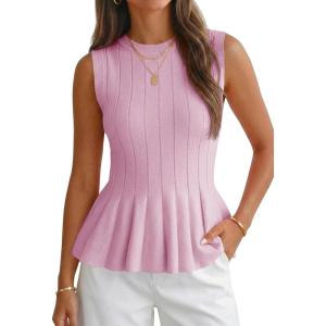 imageCicy Bell Womens Pleated Peplum Tank Tops Fitted Ribbed Knit Crew Neck Blouses Summer Sweater VestLight Purple