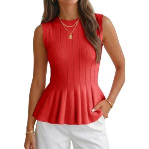 imageCicy Bell Womens Pleated Peplum Tank Tops Fitted Ribbed Knit Crew Neck Blouses Summer Sweater VestRed
