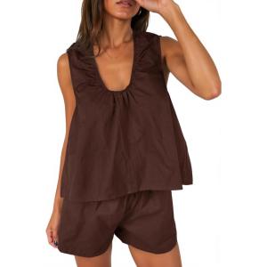 imageCicy Bell Womens Summer 2 Piece Sets Scoop Neck Babydoll Tank Tops High Waisted Shorts Vacation Matching Set Lounge OutfitsBrown