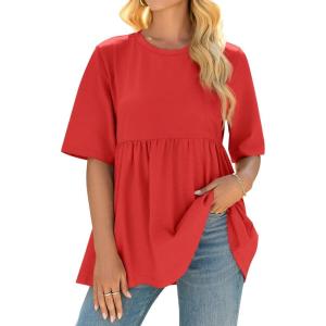 imageCicy Bell Womens Summer Babydoll Tops Oversized Short Sleeve Crewneck T Shirts Casual Loose Plus Size TunicsRed