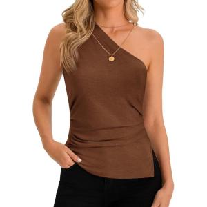 imageCicy Bell Womens Summer One Shoulder Tank Tops Slim Fit Asymmetrical Tops Split Hem Ruched Going Out Y2k ShirtsCoffee
