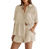 image:imageCicy Bell Womens 2 Piece Outfits Summer Pleated Button Down Shirts High Waisted Shorts Lounge Sets
