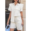 image:imageCicy Bell Womens Babydoll Button Down Shirts Summer Ruffle Puff Sleeve Pleated Tops Loose Fit Cotton Collared Curvy Hem Tees White