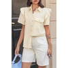 image:imageCicy Bell Womens Babydoll Button Down Shirts Summer Ruffle Puff Sleeve Pleated Tops Loose Fit Cotton Collared Curvy Hem TeesBeige