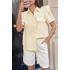 image:imageCicy Bell Womens Babydoll Button Down Shirts Summer Ruffle Puff Sleeve Pleated Tops Loose Fit Cotton Collared Curvy Hem TeesBeige