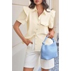 image:imageCicy Bell Womens Babydoll Button Down Shirts Summer Ruffle Puff Sleeve Pleated Tops Loose Fit Cotton Collared Curvy Hem TeesBeige