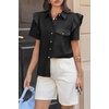 image:imageCicy Bell Womens Babydoll Button Down Shirts Summer Ruffle Puff Sleeve Pleated Tops Loose Fit Cotton Collared Curvy Hem TeesBlack