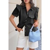 image:imageCicy Bell Womens Babydoll Button Down Shirts Summer Ruffle Puff Sleeve Pleated Tops Loose Fit Cotton Collared Curvy Hem TeesBlack