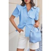 image:imageCicy Bell Womens Babydoll Button Down Shirts Summer Ruffle Puff Sleeve Pleated Tops Loose Fit Cotton Collared Curvy Hem TeesSky Blue