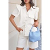 image:imageCicy Bell Womens Babydoll Button Down Shirts Summer Ruffle Puff Sleeve Pleated Tops Loose Fit Cotton Collared Curvy Hem TeesWhite