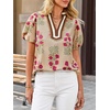 image:imageCicy Bell Womens Floral Short Puff Sleeve Tops Boho V Neck Summer Blouses Dressy Casual ShirtsKhaki