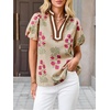 image:imageCicy Bell Womens Floral Short Puff Sleeve Tops Boho V Neck Summer Blouses Dressy Casual ShirtsKhaki