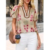 image:imageCicy Bell Womens Floral Short Puff Sleeve Tops Boho V Neck Summer Blouses Dressy Casual ShirtsKhaki