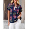 image:imageCicy Bell Womens Floral Short Puff Sleeve Tops Boho V Neck Summer Blouses Dressy Casual ShirtsNavy