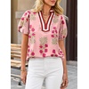 image:imageCicy Bell Womens Floral Short Puff Sleeve Tops Boho V Neck Summer Blouses Dressy Casual ShirtsPink