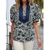 image:imageCicy Bell Womens Floral Short Puff Sleeve Tops V Neck Patchwork Boho Summer Vacation Casual BlousesBlack