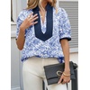 image:imageCicy Bell Womens Floral Short Puff Sleeve Tops V Neck Patchwork Boho Summer Vacation Casual BlousesBlue