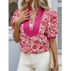 image:imageCicy Bell Womens Floral Short Puff Sleeve Tops V Neck Patchwork Boho Summer Vacation Casual BlousesBurgundy