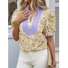 image:imageCicy Bell Womens Floral Short Puff Sleeve Tops V Neck Patchwork Boho Summer Vacation Casual BlousesKhaki