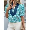 image:imageCicy Bell Womens Floral Short Puff Sleeve Tops V Neck Patchwork Boho Summer Vacation Casual BlousesLake Blue
