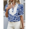 image:imageCicy Bell Womens Floral Short Puff Sleeve Tops V Neck Patchwork Boho Summer Vacation Casual BlousesNavy