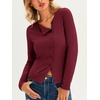 image:imageCicy Bell Womens Long Sleeve Asymmetrical Tops Button Down Ribbed Fitted Cropped Shirts Trendy Fall Blouses Wine