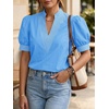 image:imageCicy Bell Womens Puff Short Sleeve Blouses Summer Casual Dressy V Neck Contrast Stitch Tops Loose Fit ShirtsSky Blue