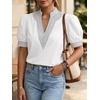 image:imageCicy Bell Womens Puff Short Sleeve Blouses Summer Casual Dressy V Neck Contrast Stitch Tops Loose Fit ShirtsWhite
