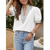 image:imageCicy Bell Womens Puff Short Sleeve Blouses Summer Casual Dressy V Neck Contrast Stitch Tops Loose Fit ShirtsWhite