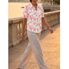 image:imageCicy Bell Womens Puff Short Sleeve Button Down Shirts Summer Casual Collared V Neck Blouse Linen Loose Fit Work TopsFloral Bright Pink