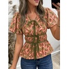 image:imageCicy Bell Womens Puff Sleeve Tie Front Tops Summer Babydoll Peplum V Neck Blouse Casual Dressy Pleated Floral Print ShirtsBeanpaste Color