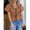 image:imageCicy Bell Womens Puff Sleeve Tie Front Tops Summer Babydoll Peplum V Neck Blouse Casual Dressy Pleated Floral Print ShirtsBeanpaste Color