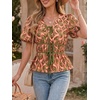 image:imageCicy Bell Womens Puff Sleeve Tie Front Tops Summer Babydoll Peplum V Neck Blouse Casual Dressy Pleated Floral Print ShirtsBeanpaste Color