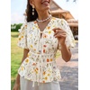 image:imageCicy Bell Womens Puff Sleeve Tie Front Tops Summer Babydoll Peplum V Neck Blouse Casual Dressy Pleated Floral Print ShirtsBeige