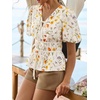 image:imageCicy Bell Womens Puff Sleeve Tie Front Tops Summer Babydoll Peplum V Neck Blouse Casual Dressy Pleated Floral Print ShirtsBeige