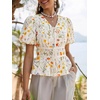 image:imageCicy Bell Womens Puff Sleeve Tie Front Tops Summer Babydoll Peplum V Neck Blouse Casual Dressy Pleated Floral Print ShirtsBeige
