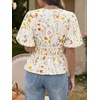 image:imageCicy Bell Womens Puff Sleeve Tie Front Tops Summer Babydoll Peplum V Neck Blouse Casual Dressy Pleated Floral Print ShirtsBeige
