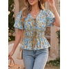 image:imageCicy Bell Womens Puff Sleeve Tie Front Tops Summer Babydoll Peplum V Neck Blouse Casual Dressy Pleated Floral Print ShirtsBrown