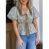 image:imageCicy Bell Womens Puff Sleeve Tie Front Tops Summer Babydoll Peplum V Neck Blouse Casual Dressy Pleated Floral Print ShirtsBrown