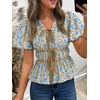 image:imageCicy Bell Womens Puff Sleeve Tie Front Tops Summer Babydoll Peplum V Neck Blouse Casual Dressy Pleated Floral Print ShirtsBrown