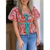 image:imageCicy Bell Womens Puff Sleeve Tie Front Tops Summer Babydoll Peplum V Neck Blouse Casual Dressy Pleated Floral Print ShirtsFloral Color
