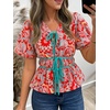 image:imageCicy Bell Womens Puff Sleeve Tie Front Tops Summer Babydoll Peplum V Neck Blouse Casual Dressy Pleated Floral Print ShirtsFloral Color