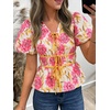 image:imageCicy Bell Womens Puff Sleeve Tie Front Tops Summer Babydoll Peplum V Neck Blouse Casual Dressy Pleated Floral Print ShirtsFlower