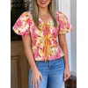 image:imageCicy Bell Womens Puff Sleeve Tie Front Tops Summer Babydoll Peplum V Neck Blouse Casual Dressy Pleated Floral Print ShirtsFlower