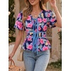 image:imageCicy Bell Womens Puff Sleeve Tie Front Tops Summer Babydoll Peplum V Neck Blouse Casual Dressy Pleated Floral Print ShirtsNavy