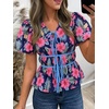 image:imageCicy Bell Womens Puff Sleeve Tie Front Tops Summer Babydoll Peplum V Neck Blouse Casual Dressy Pleated Floral Print ShirtsNavy