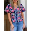 image:imageCicy Bell Womens Puff Sleeve Tie Front Tops Summer Babydoll Peplum V Neck Blouse Casual Dressy Pleated Floral Print ShirtsNavy