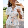 image:imageCicy Bell Womens Puff Sleeve Tie Front Tops Summer Babydoll Peplum V Neck Blouse Casual Dressy Pleated Floral Print ShirtsWhite
